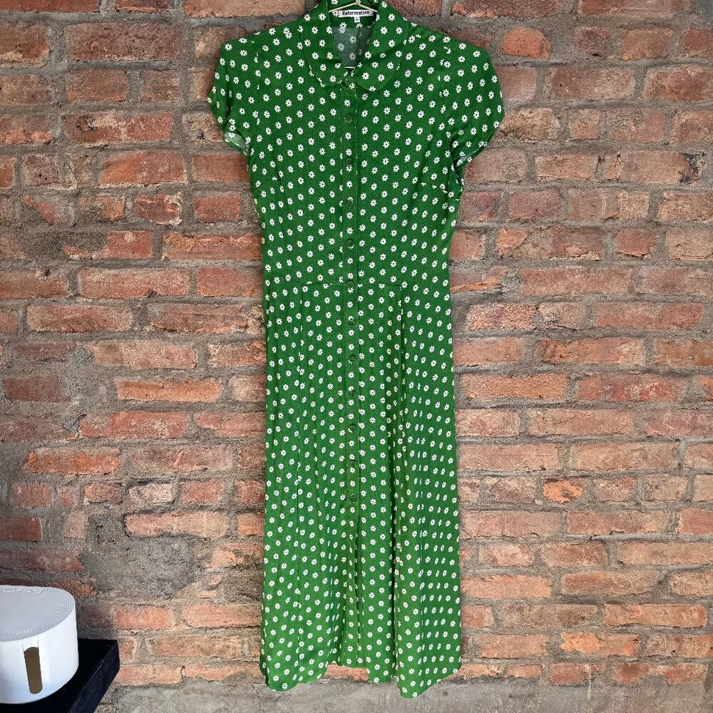 Reformation Green Floral Button-down Dress